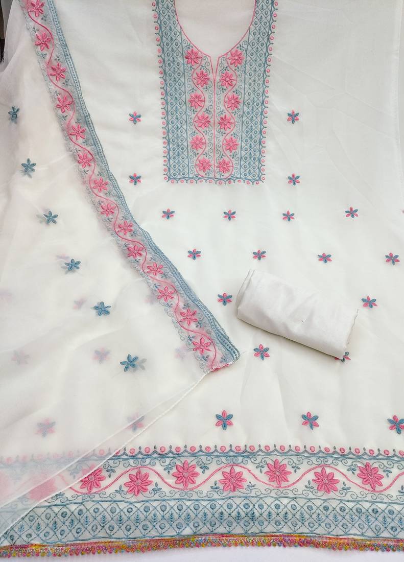 white unstitched thread embroidery with embroidered dupatta georgette dress material