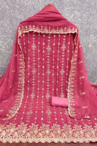 pink unstitched thread embroidery with embroidered dupatta georgette dress material