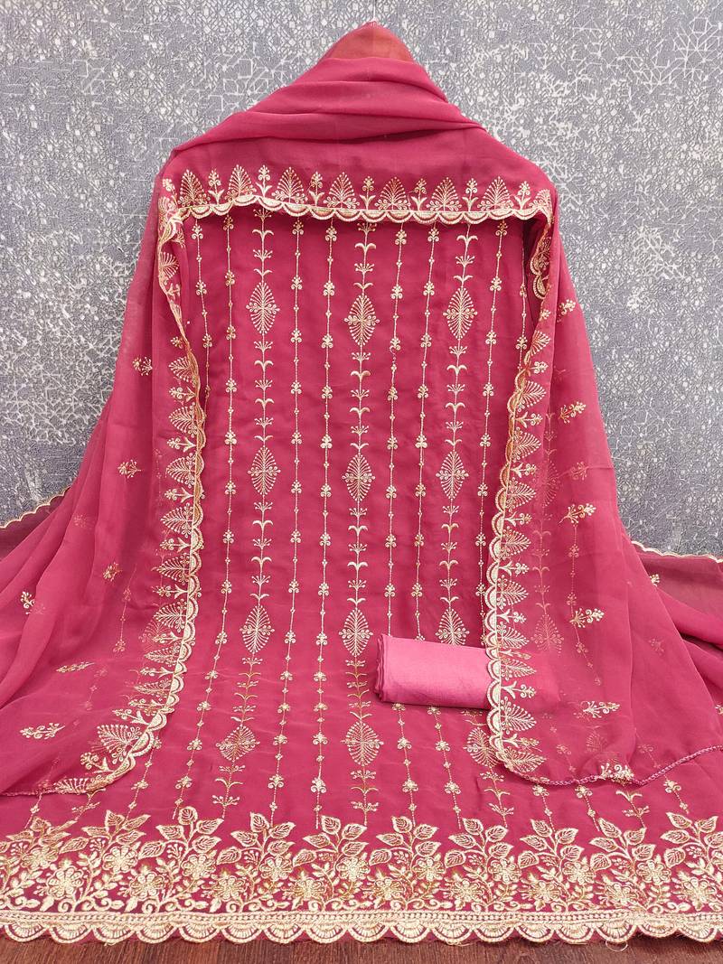 pink unstitched thread embroidery with embroidered dupatta georgette dress material