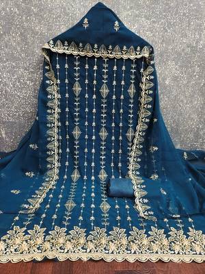 teal blue unstitched thread embroidery with embroidered dupatta georgette dress material 3