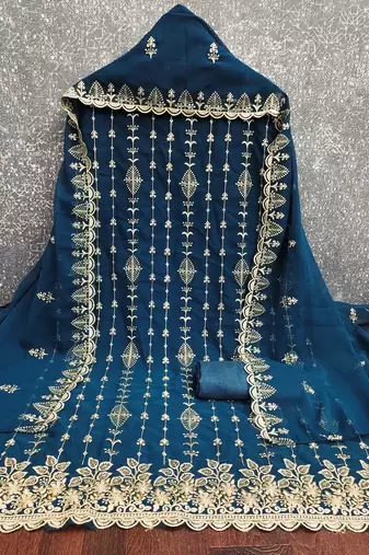 teal blue unstitched thread embroidery with embroidered dupatta georgette dress material