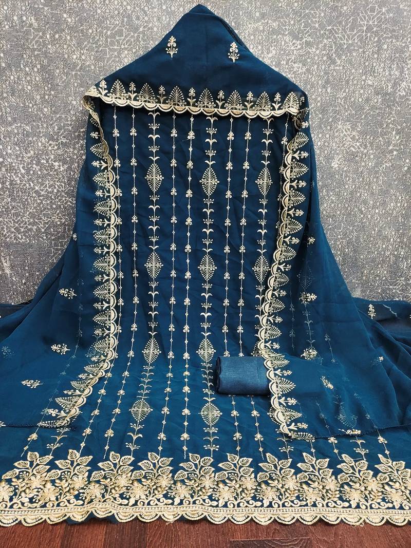 teal blue unstitched thread embroidery with embroidered dupatta georgette dress material