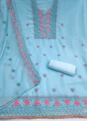 sky blue unstitched thread embroidery with embroidered dupatta georgette dress material 2