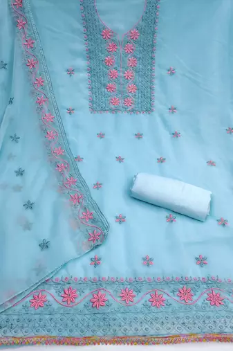 sky blue unstitched thread embroidery with embroidered dupatta georgette dress material