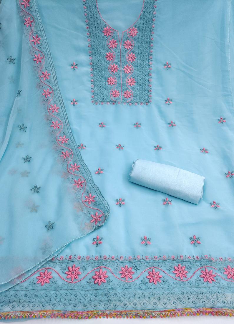 sky blue unstitched thread embroidery with embroidered dupatta georgette dress material