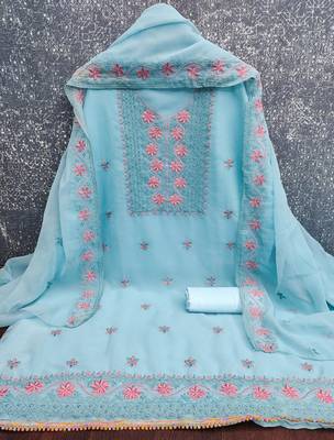 sky blue unstitched thread embroidery with embroidered dupatta georgette dress material 3