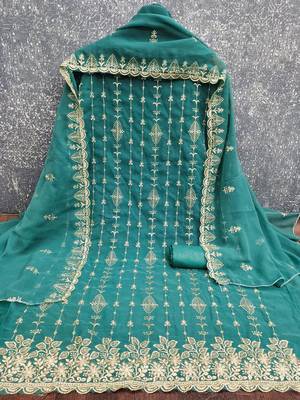 sea green unstitched thread embroidery with embroidered dupatta georgette dress material 3