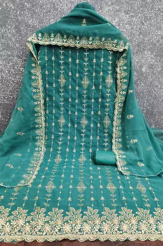 sea green unstitched thread embroidery with embroidered dupatta georgette dress material