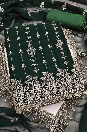 green unstitched thread embroidery with embroidered dupatta georgette dress material
