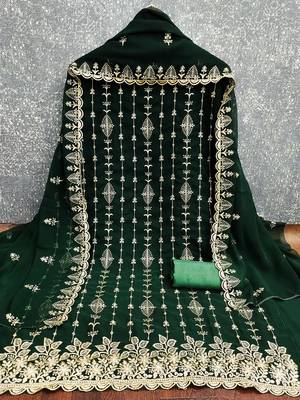 green unstitched thread embroidery with embroidered dupatta georgette dress material 3