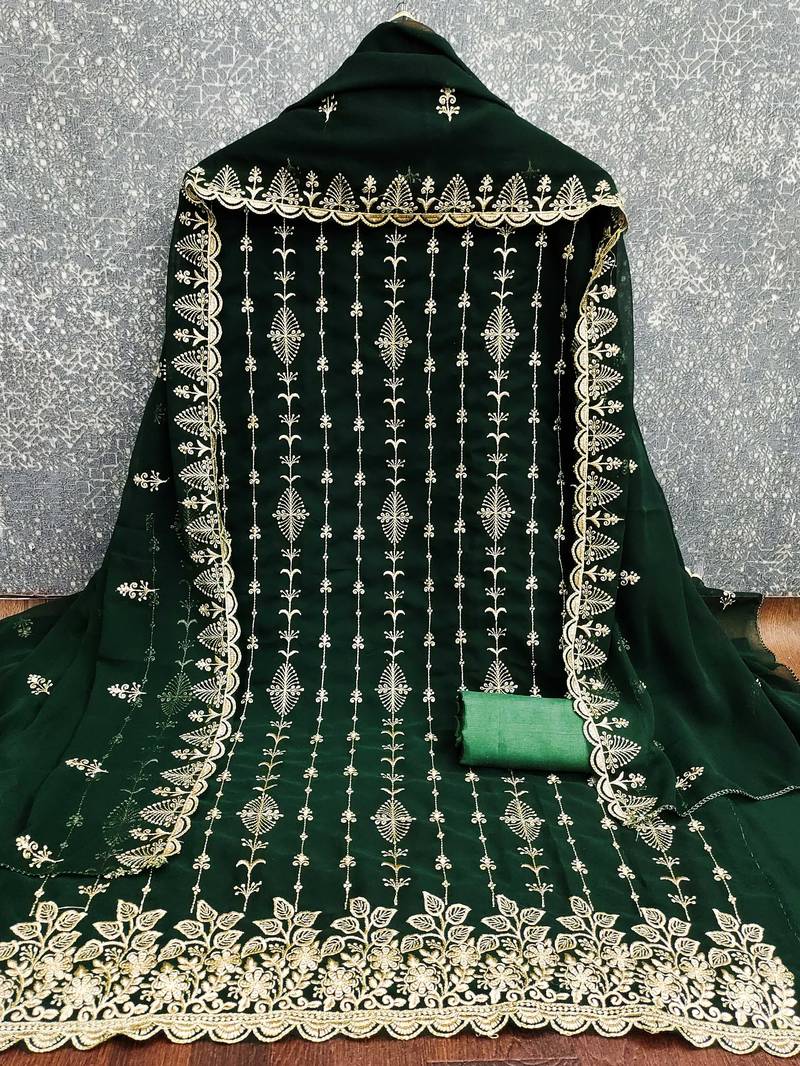 green unstitched thread embroidery with embroidered dupatta georgette dress material
