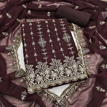 brown unstitched thread embroidery with embroidered dupatta georgette dress material 1