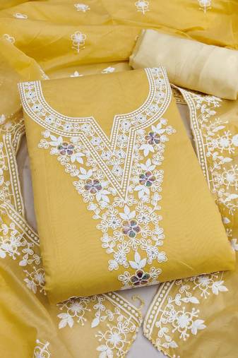 yellow unstitched thread embroidery with embroidered dupatta chanderi dress material