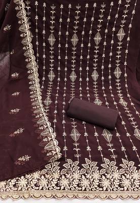 brown unstitched thread embroidery with embroidered dupatta georgette dress material 2