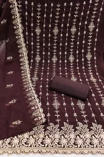 brown unstitched thread embroidery with embroidered dupatta georgette dress material