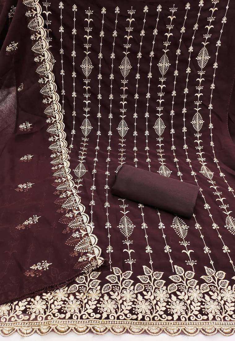 brown unstitched thread embroidery with embroidered dupatta georgette dress material