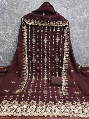 brown unstitched thread embroidery with embroidered dupatta georgette dress material 3