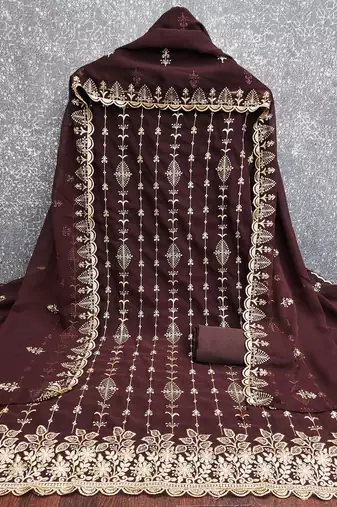 brown unstitched thread embroidery with embroidered dupatta georgette dress material