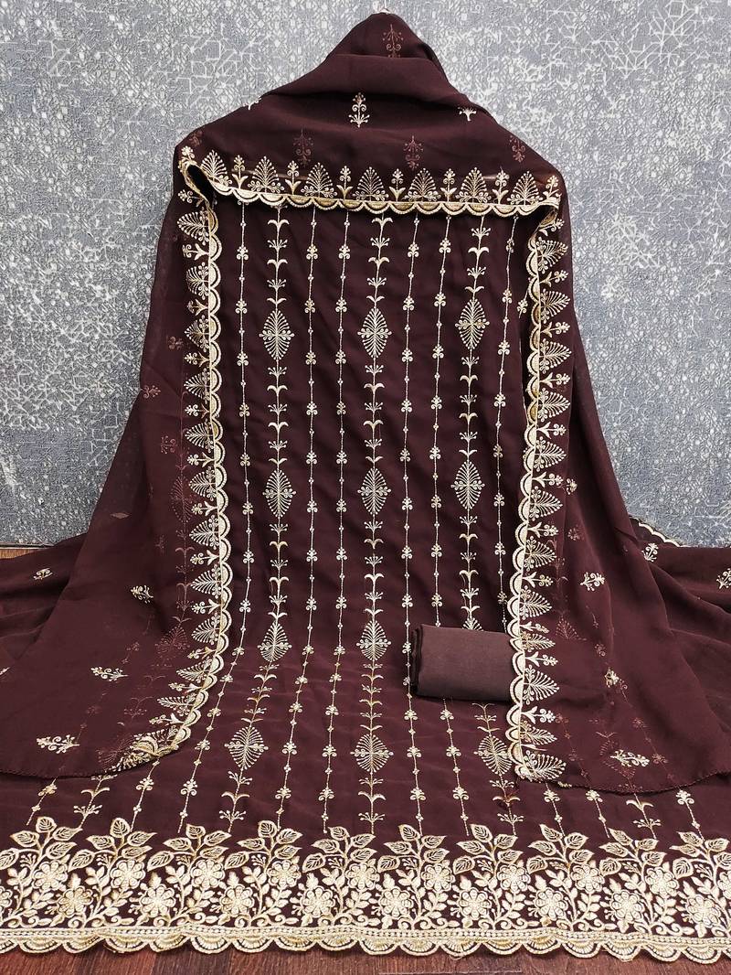 brown unstitched thread embroidery with embroidered dupatta georgette dress material