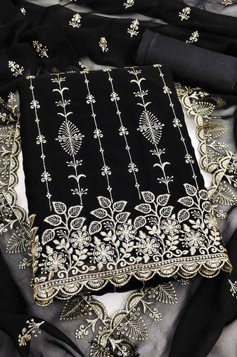 black unstitched thread embroidery with embroidered dupatta georgette dress material
