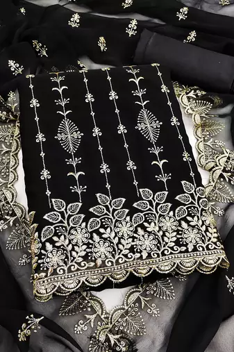 black unstitched thread embroidery with embroidered dupatta georgette dress material