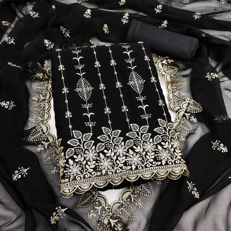 black unstitched thread embroidery with embroidered dupatta georgette dress material
