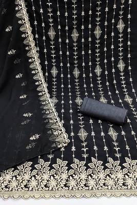 black unstitched thread embroidery with embroidered dupatta georgette dress material 2