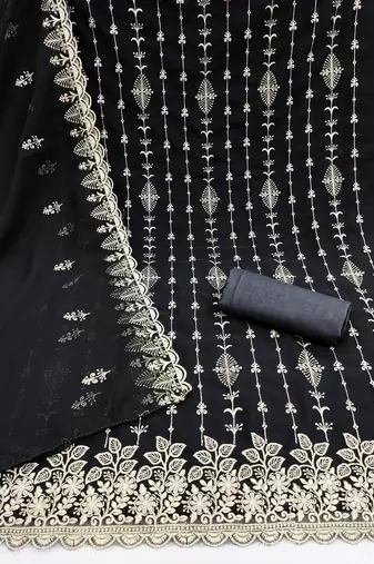 black unstitched thread embroidery with embroidered dupatta georgette dress material