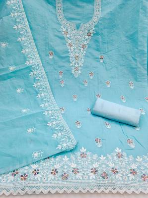 sky blue unstitched thread embroidery with embroidered dupatta chanderi dress material 2