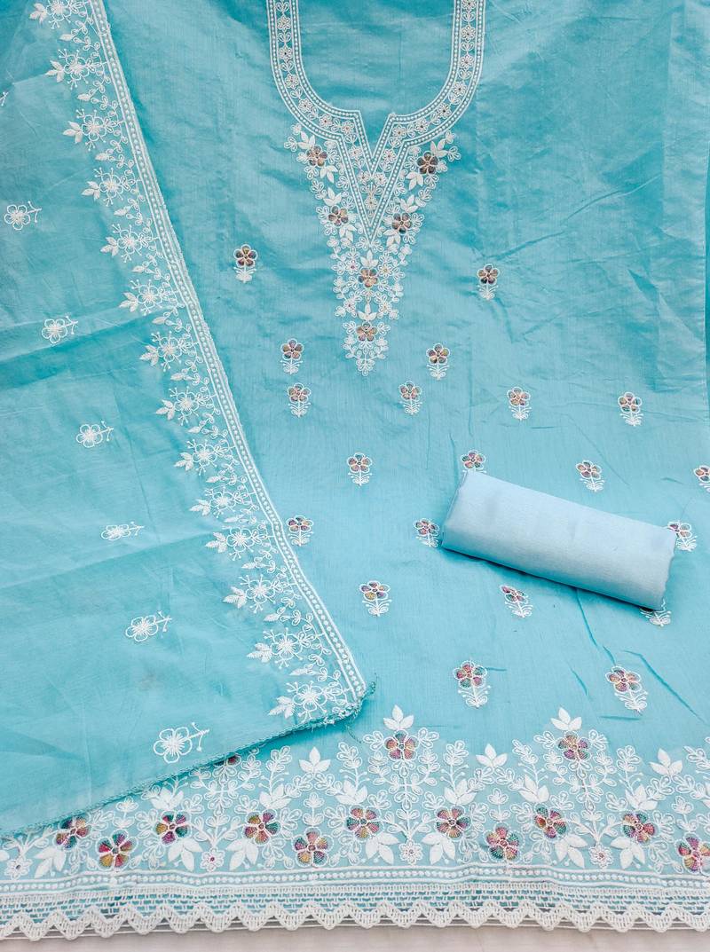 sky blue unstitched thread embroidery with embroidered dupatta chanderi dress material