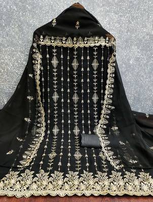 black unstitched thread embroidery with embroidered dupatta georgette dress material 3