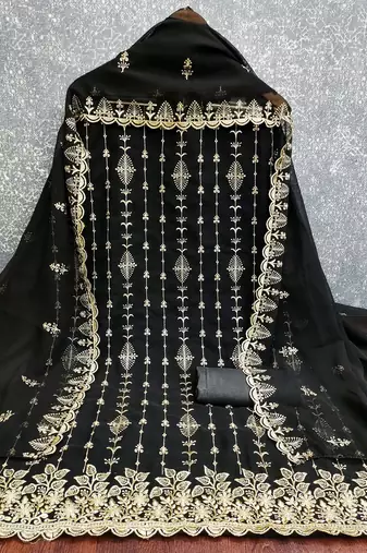 black unstitched thread embroidery with embroidered dupatta georgette dress material