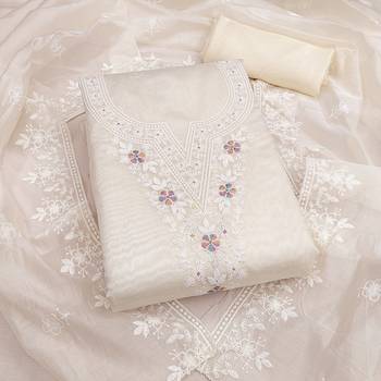 white unstitched thread embroidery with embroidered dupatta chanderi dress material 1