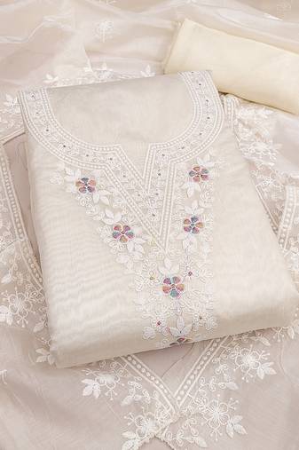 white unstitched thread embroidery with embroidered dupatta chanderi dress material