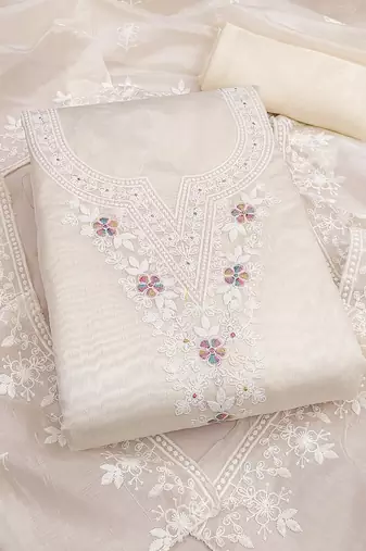 white unstitched thread embroidery with embroidered dupatta chanderi dress material