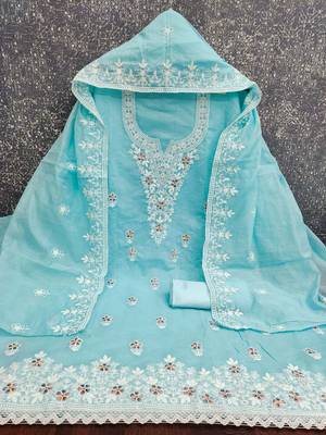 sky blue unstitched thread embroidery with embroidered dupatta chanderi dress material 3