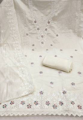 white unstitched thread embroidery with embroidered dupatta chanderi dress material 2