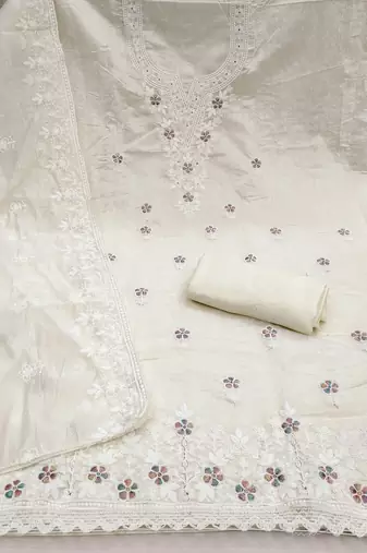white unstitched thread embroidery with embroidered dupatta chanderi dress material