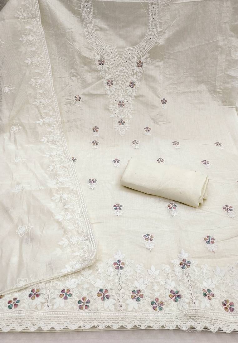 white unstitched thread embroidery with embroidered dupatta chanderi dress material