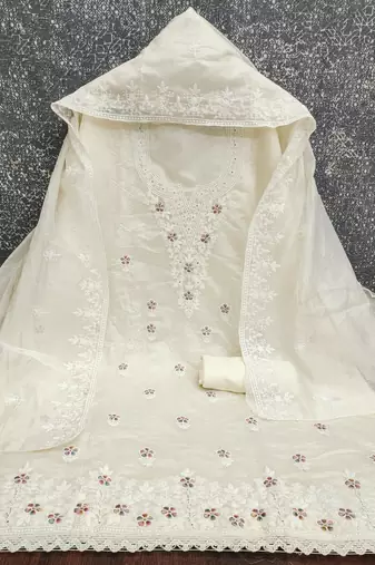white unstitched thread embroidery with embroidered dupatta chanderi dress material