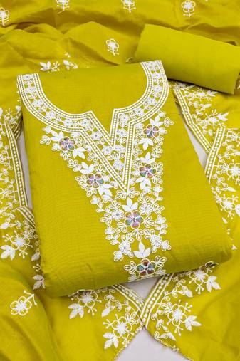 light green unstitched thread embroidery with embroidered dupatta chanderi dress material