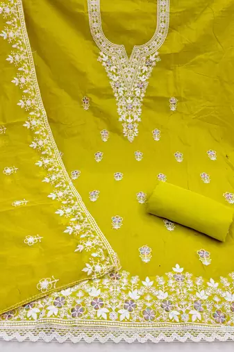 light green unstitched thread embroidery with embroidered dupatta chanderi dress material