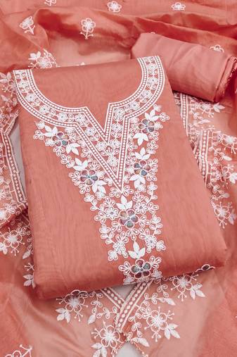 peach unstitched thread embroidery with embroidered dupatta chanderi dress material