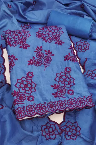 teal blue unstitched thread embroidery with embroidered dupatta parampara silk blend dress material