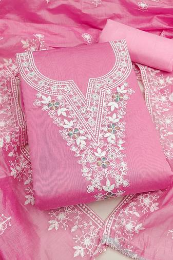 pink unstitched thread embroidery with embroidered dupatta chanderi dress material