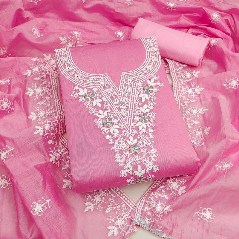 pink unstitched thread embroidery with embroidered dupatta chanderi dress material