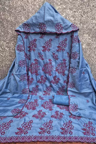 teal blue unstitched thread embroidery with embroidered dupatta parampara silk blend dress material