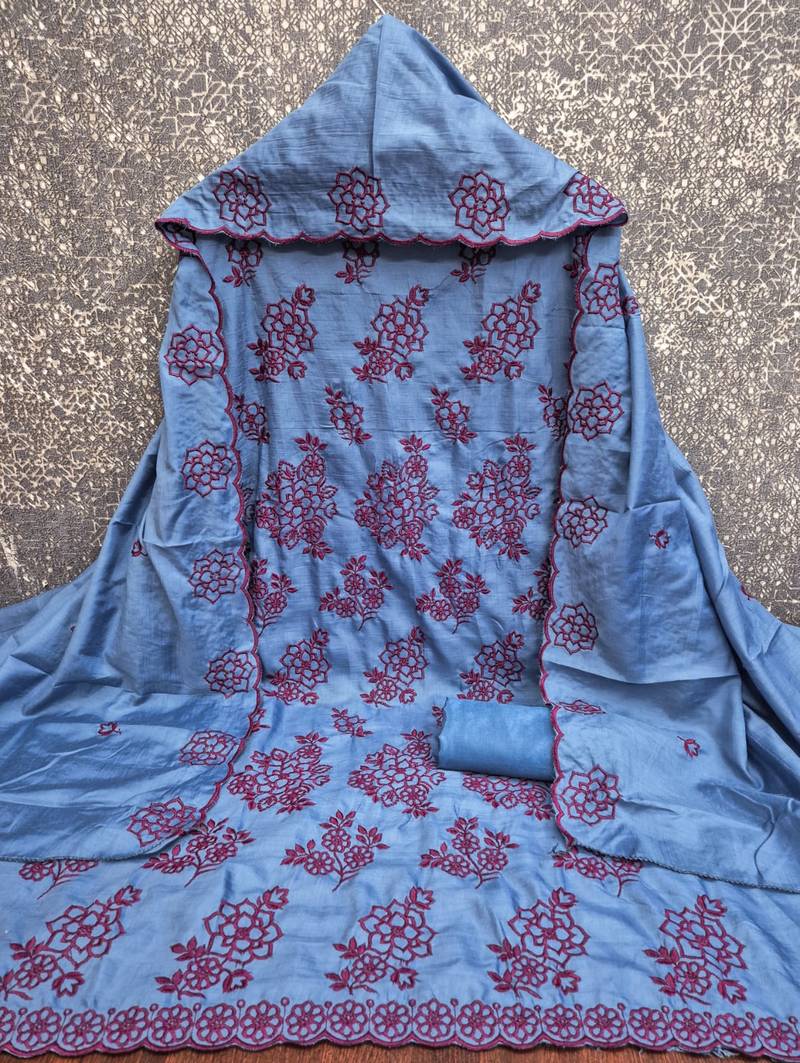 teal blue unstitched thread embroidery with embroidered dupatta parampara silk blend dress material