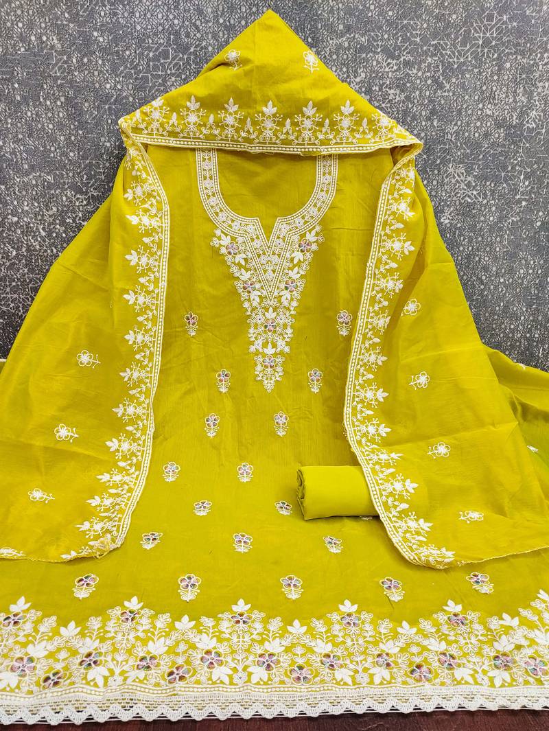 light green unstitched thread embroidery with embroidered dupatta chanderi dress material