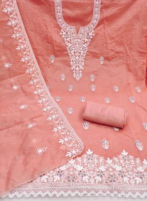 peach unstitched thread embroidery with embroidered dupatta chanderi dress material 2